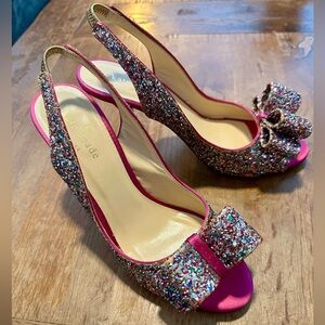NWB KATE SPADE Hot Pink Multi Glitter Bow Heels US 6